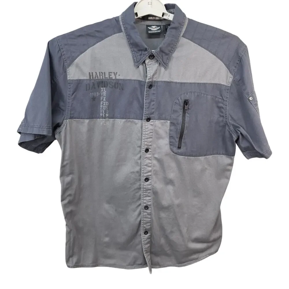 Harley-Davidson XL Gray Button Front Work Shirt Eagle Graphic Short Sleeve Biker